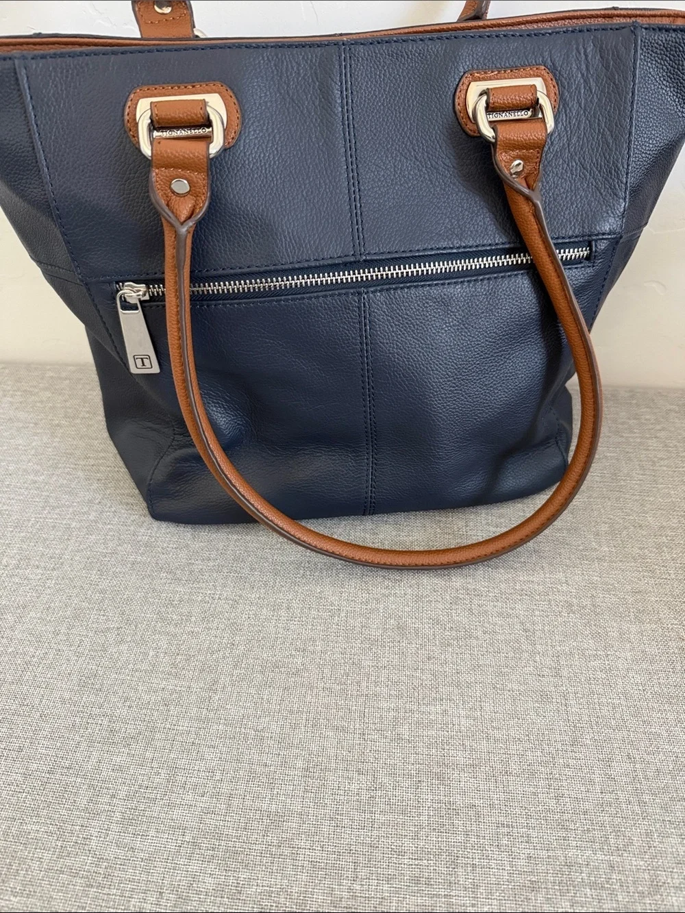 Tignanello leather Navy Tote with Brown Handles